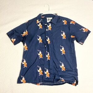 Penningtons Blue and Orange Casual Button Down Shirt with Koi Fish Design